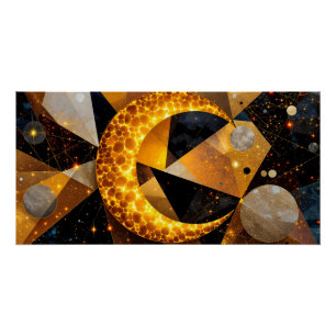 Golden Crescent Moon with Cosmic Geometric Stars Poster