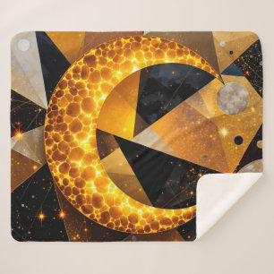 Golden Crescent Moon with Cosmic Geometric Stars Sherpa Blanket