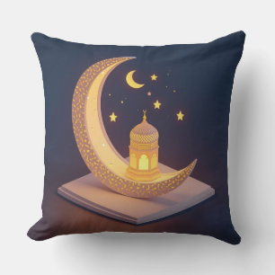 Golden Crescent Moon with Islamic Lantern Art Throw Pillow