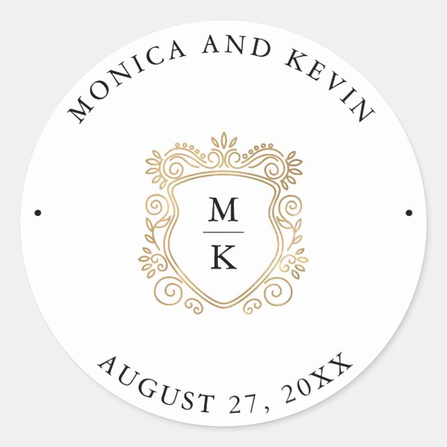 Golden Crest | Elegant Black and White Wedding Classic Round Sticker (Front)