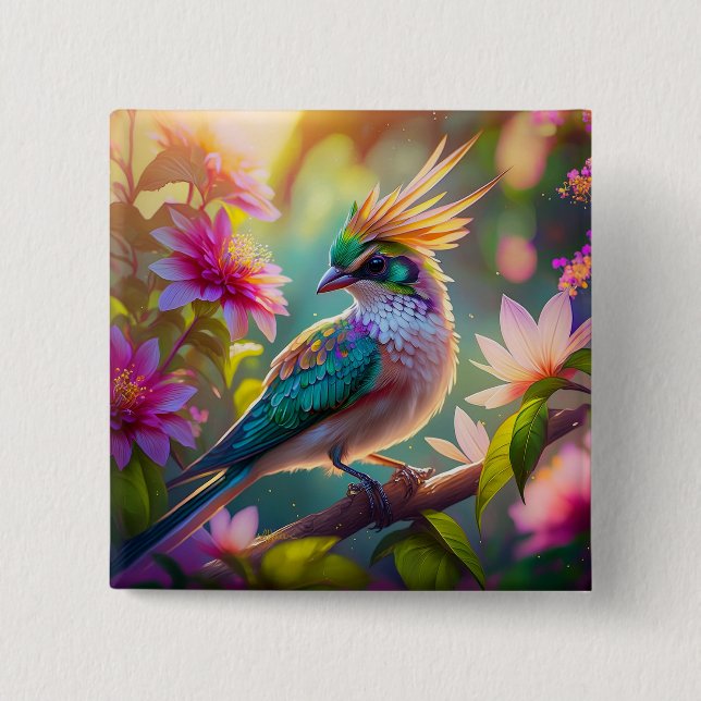 Golden Crested Green Headed Finch Fantasy Bird 2 Inch Square Button (Front)