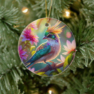 Golden Crested Green Headed Finch Fantasy Bird Ceramic Ornament