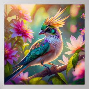Golden Crested Green Headed Finch Fantasy Bird Poster