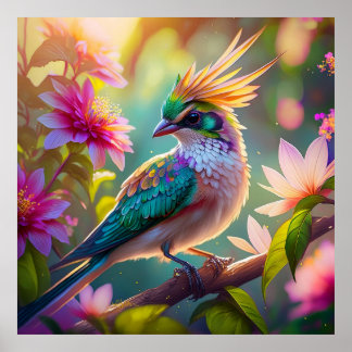 Golden Crested Green Headed Finch Fantasy Bird Poster