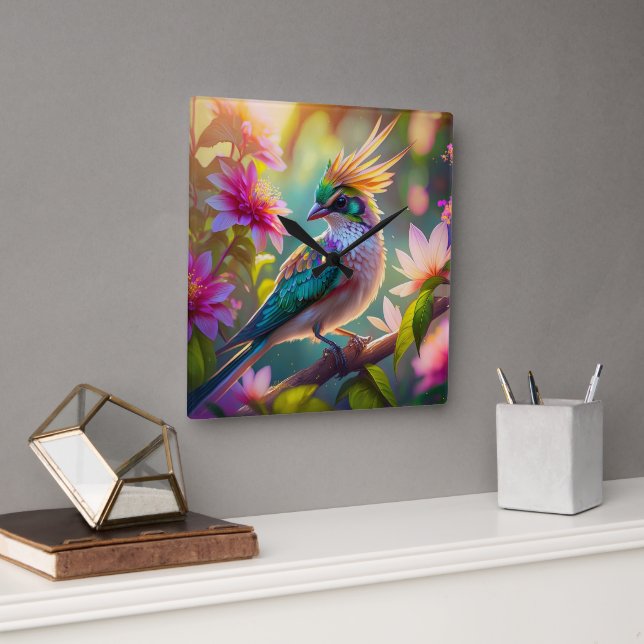 Golden Crested Green Headed Finch Fantasy Bird Square Wall Clock (Office)