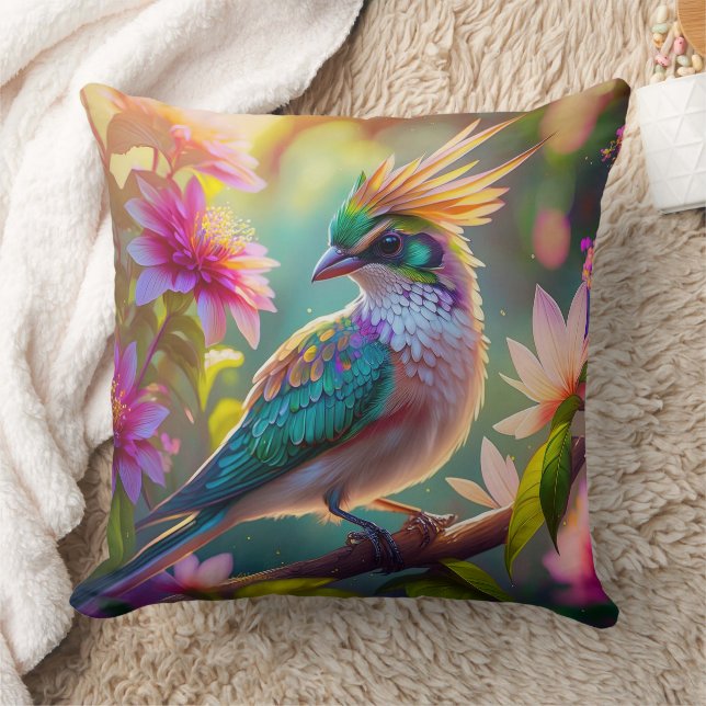 Golden Crested Green Headed Finch Fantasy Bird Throw Pillow (Blanket)