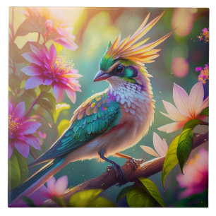 Golden Crested Green Headed Finch Fantasy Bird Tile