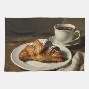 Golden Croissant Coffee Still Life Kitchen Towel