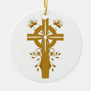 Golden Cross Floral Double Sided Round Ornament