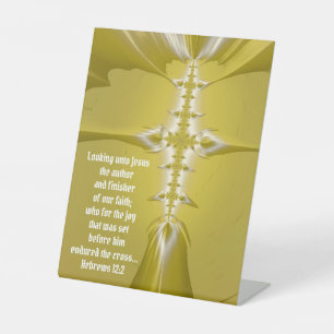 Golden Cross Fractal Art with Bible Verse Pedestal Pedestal Sign