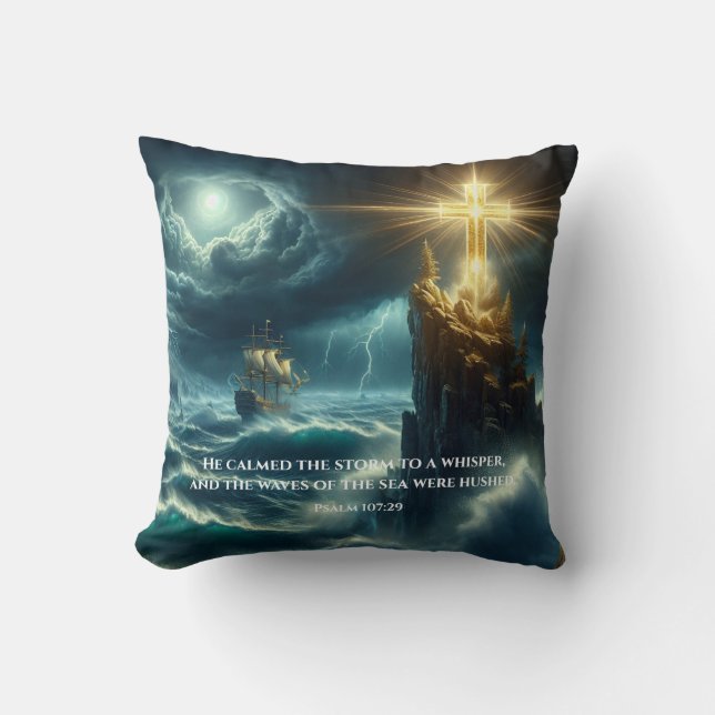 Golden Cross Guiding a Ship on a Stormy Sea Throw Pillow (Front)