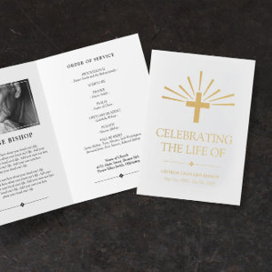 Golden Cross & Rays Elegant Funeral Program Foil Card
