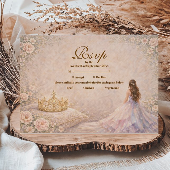 Golden Crown Fairytale Quinceañera RSVP Card (Creator Uploaded)