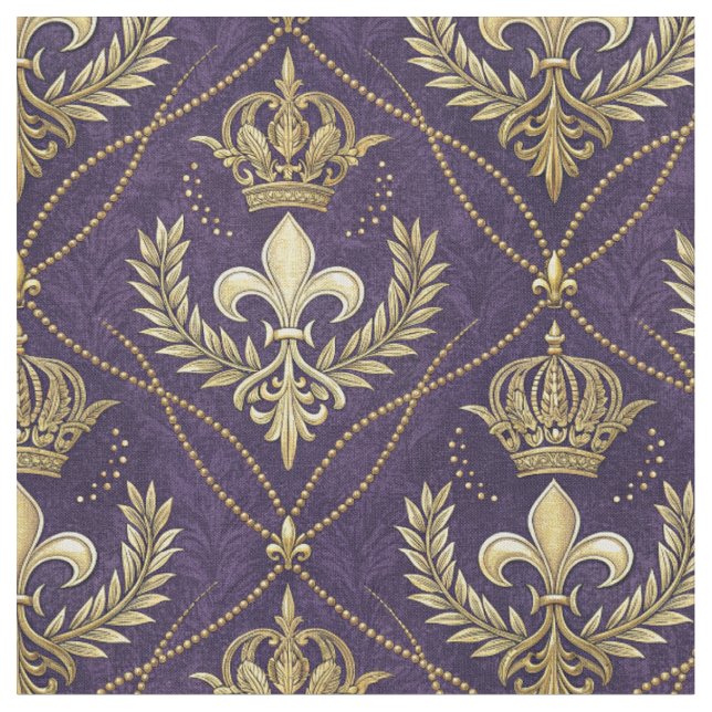 Golden Crown Fleur-de-lis Regal Purple Pattern Art Fabric (Close Up)