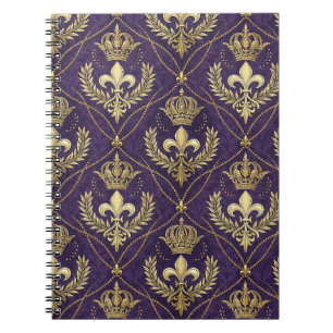 Golden Crown Fleur-de-lis Regal Purple Pattern Art Notebook