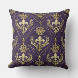 Golden Crown Fleur-de-lis Regal Purple Pattern Art Throw Pillow