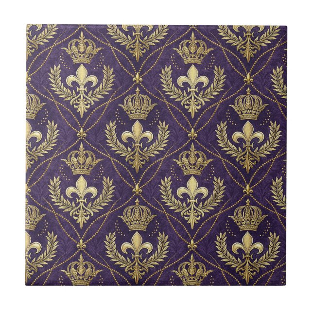 Golden Crown Fleur-de-lis Regal Purple Pattern Art Tile (Front)