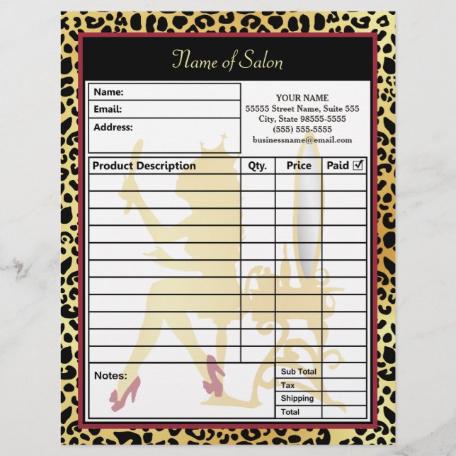 Golden Crown Leopard Print Hair Salon Order Form Letterhead (Front)