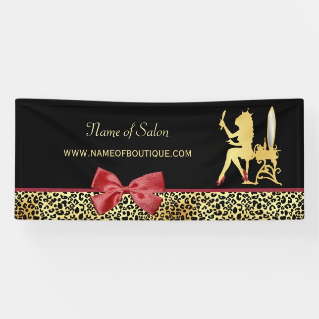 Golden Crown Leopard Print With Red Bow Hair Salon Banner (Horizontal)