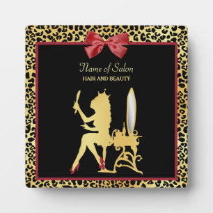 Golden Crown Leopard Print With Red Bow Hair Salon Plaque