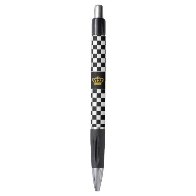 Golden Crown on Black and White Chess Pattern Pen (Front Vertical)