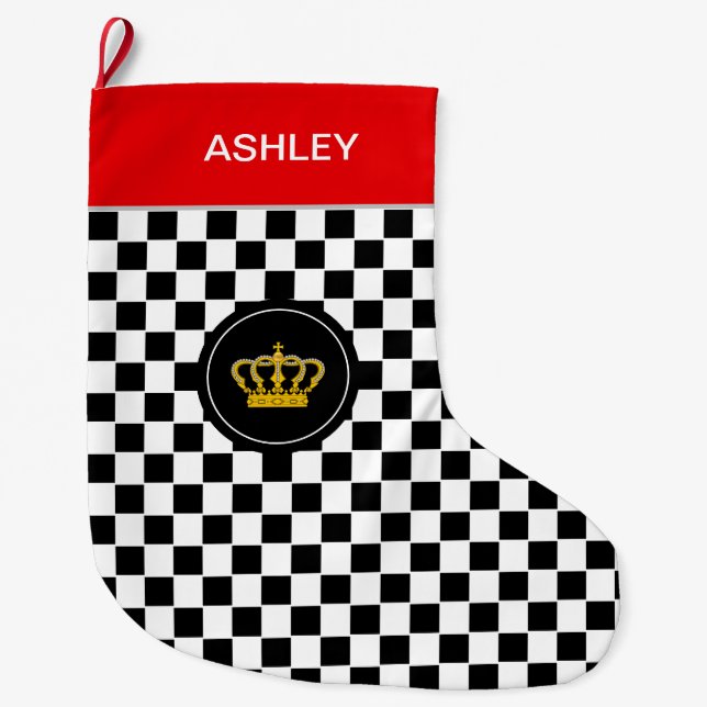 Golden Crown on Black White Chequerboard Pattern L Large Christmas Stocking (Front)