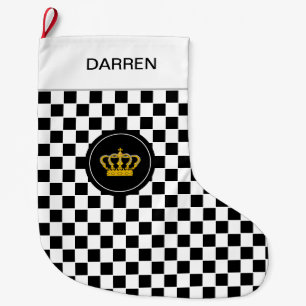 Golden Crown on Black White Chequerboard Pattern Large Christmas Stocking