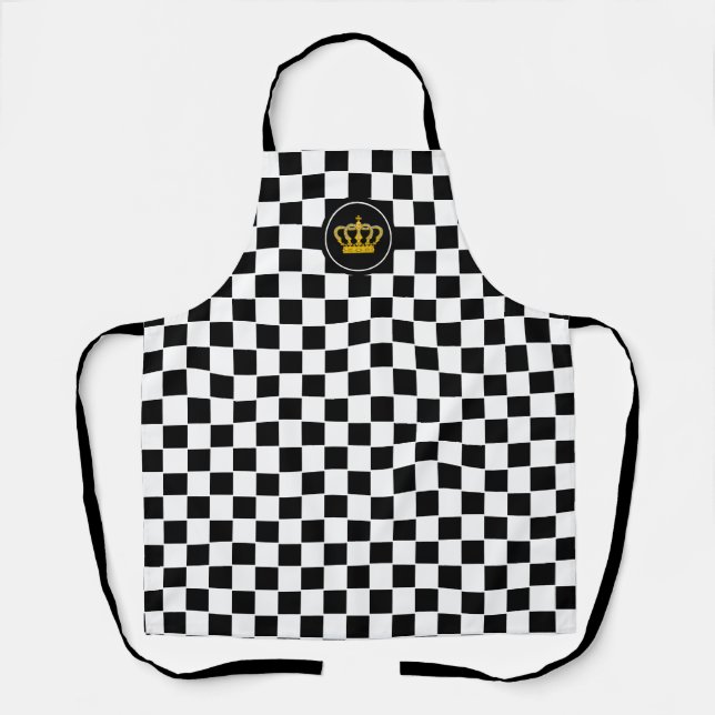 Golden Crown on Black White Chess Pattern Apron (Front)