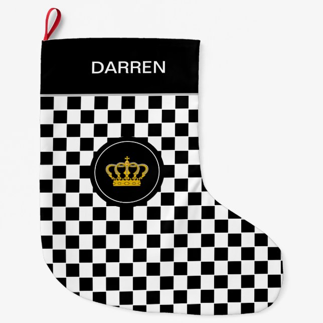 Golden Crown on Black White Chess Pattern Large Christmas Stocking (Front)