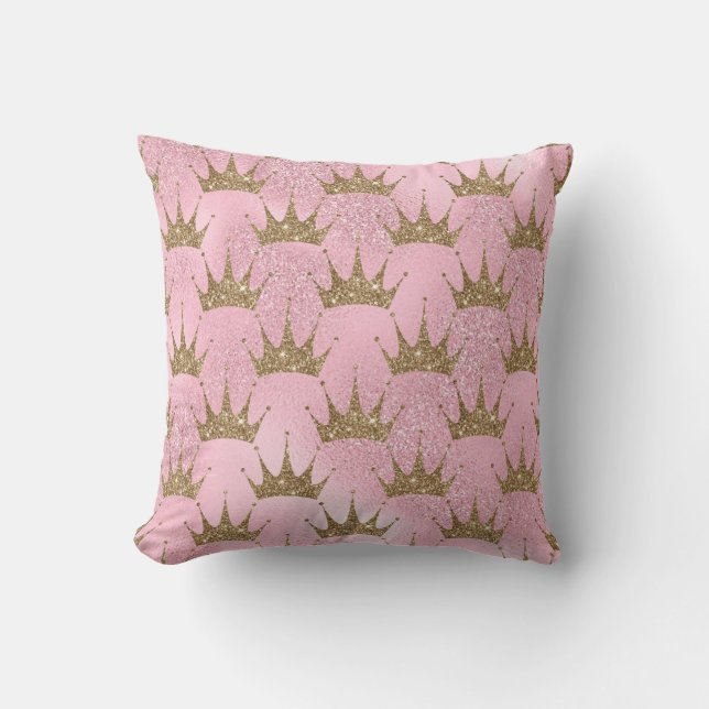 Golden Crown On Pink Glitter  Throw Pillow (Front)