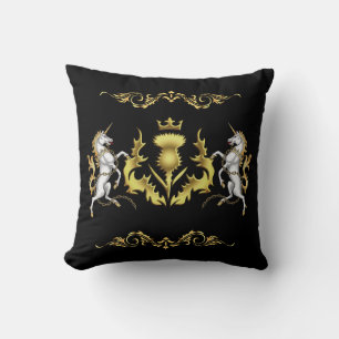 Golden Crowned Scottish Thistle in Black Throw Pillow