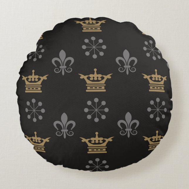 Golden Crowns On Black Wallpaper, seamless pattern Round Pillow (Front)