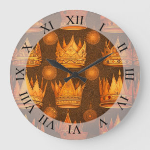 Golden Crowns Pattern Large Clock