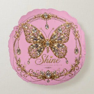 Golden Crystal Butterfly Shine Luxury Jewellery Ar Round Pillow