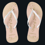 Golden Curls on Coral Peach Maid of Honour Wedding Flip Flops<br><div class="desc">These beautiful wedding flip flops are a great way to thank and recognize your Maid of Honour while saving her feet at the same time. Features an elegant design with frilly golden curls and swirls on a pale orange or coral peach coloured background and fancy gold coloured script lettering. The...</div>
