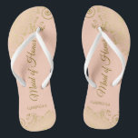 Golden Curls on Coral Peach Maid of Honour Wedding Flip Flops<br><div class="desc">These beautiful wedding flip flops are a great way to thank and recognize your Maid of Honour while saving her feet at the same time. Features an elegant design with frilly golden curls and swirls on a pale orange or coral peach coloured background and fancy gold coloured script lettering. The...</div>