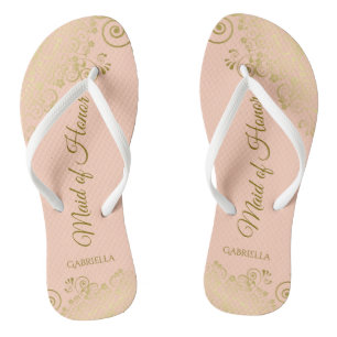 Golden Curls on Coral Peach Maid of Honour Wedding Flip Flops