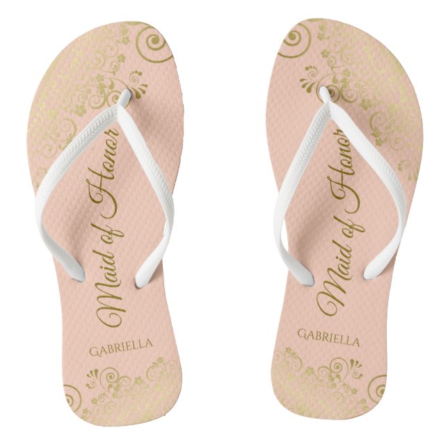 Golden Curls on Coral Peach Maid of Honour Wedding Flip Flops (Footbed)