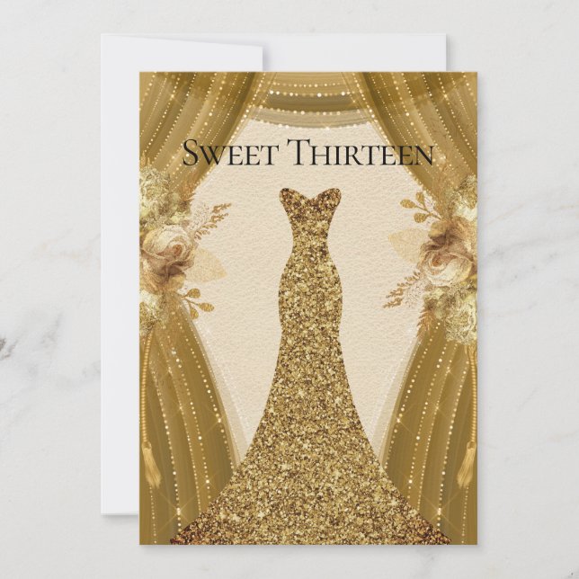 Golden Curtains Dress Sweet 13th Birthday Invite (Front)