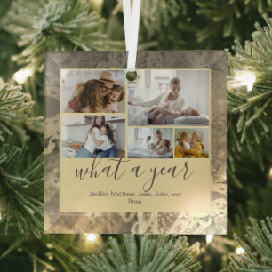Golden Custom 5 Photos Typography New Year Glass Ornament