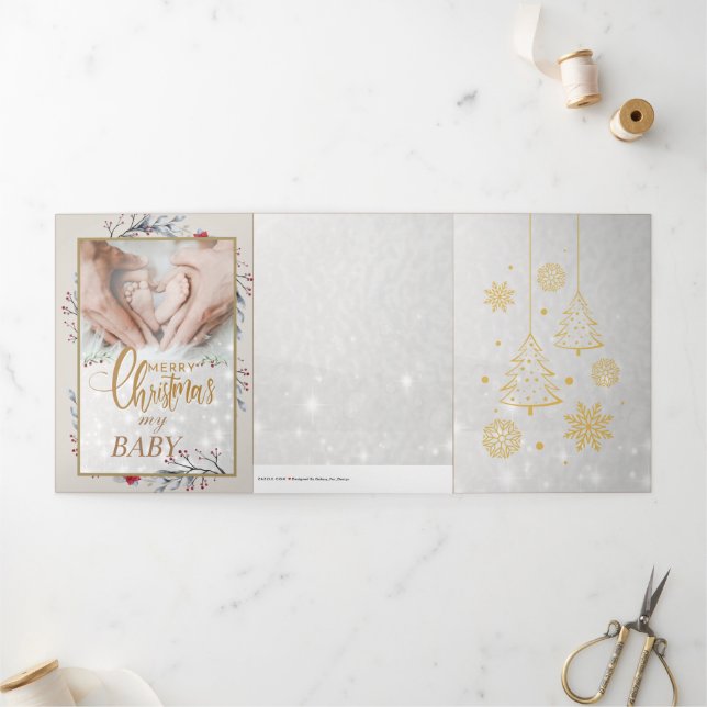 Golden Custom Baby Merry Christmas  Tri-Fold Holiday Card (Outside)