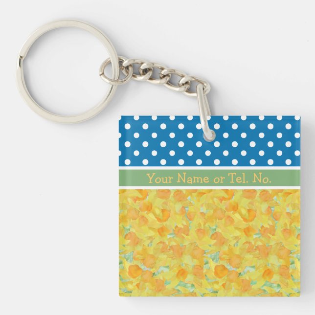 Golden Daffodils teamed with Blue White Polka Dots Keychain (Front)