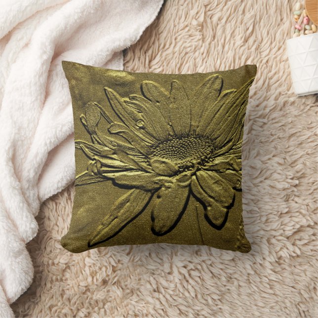 Golden Daisy Floral Art Throw Pillow (Blanket)