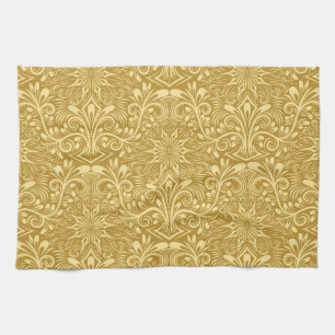 Golden Damask Baroque Floral Pattern Kitchen Towel
