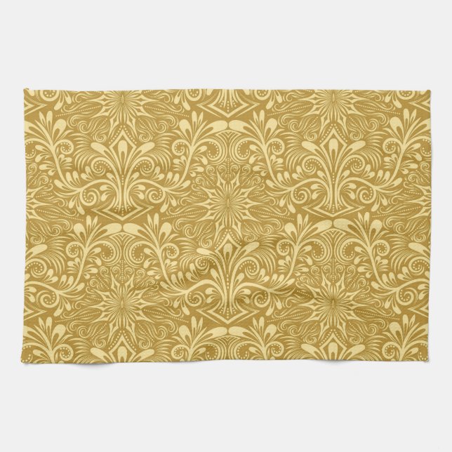 Golden Damask Baroque Floral Pattern Kitchen Towel (Horizontal)