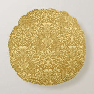 Golden Damask Baroque Floral Pattern Round Pillow