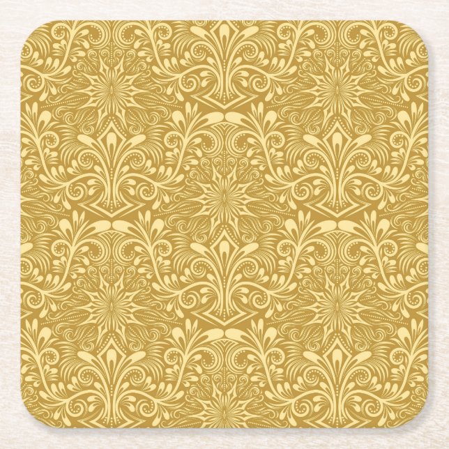 Golden Damask Baroque Floral Pattern Square Paper Coaster (Front)