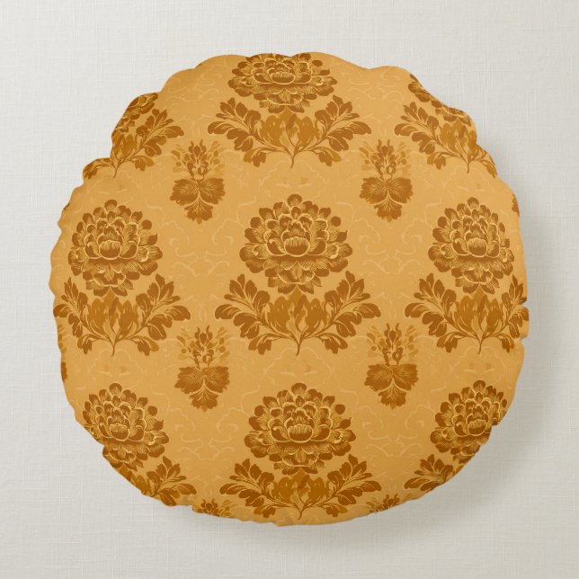 Golden Damask Floral Pattern Round Pillow (Front)