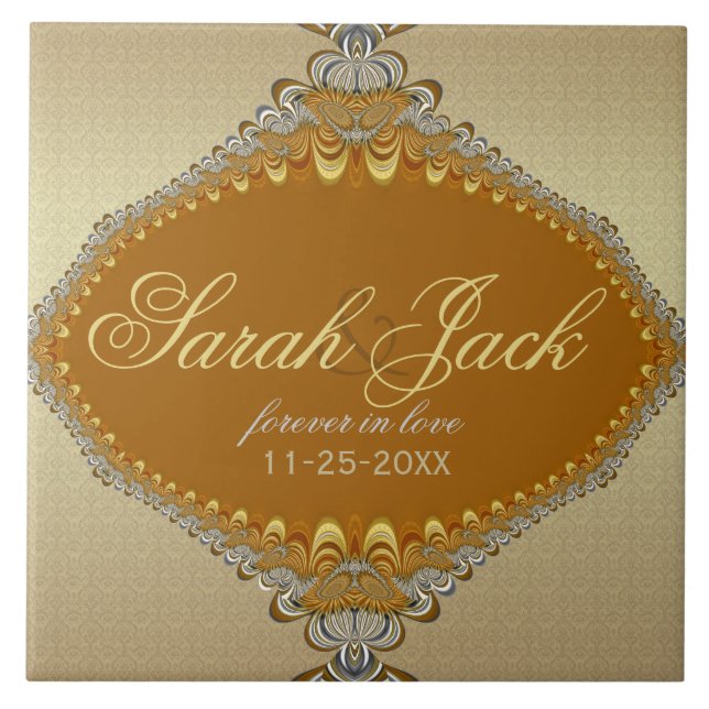 Golden Damask Fractal Lace Wedding Keepsake Tile (Front)