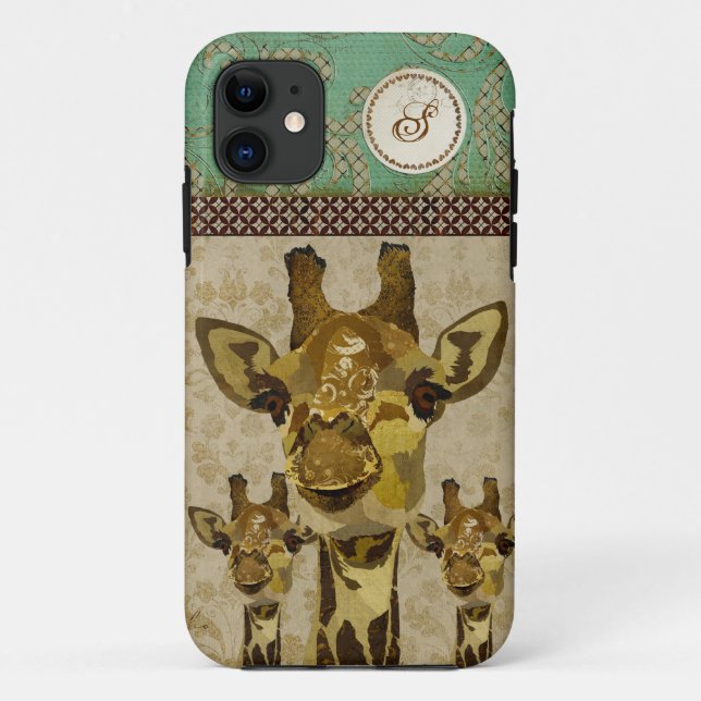 Golden Damask Giraffes  Monogram iPhone Case (Back)